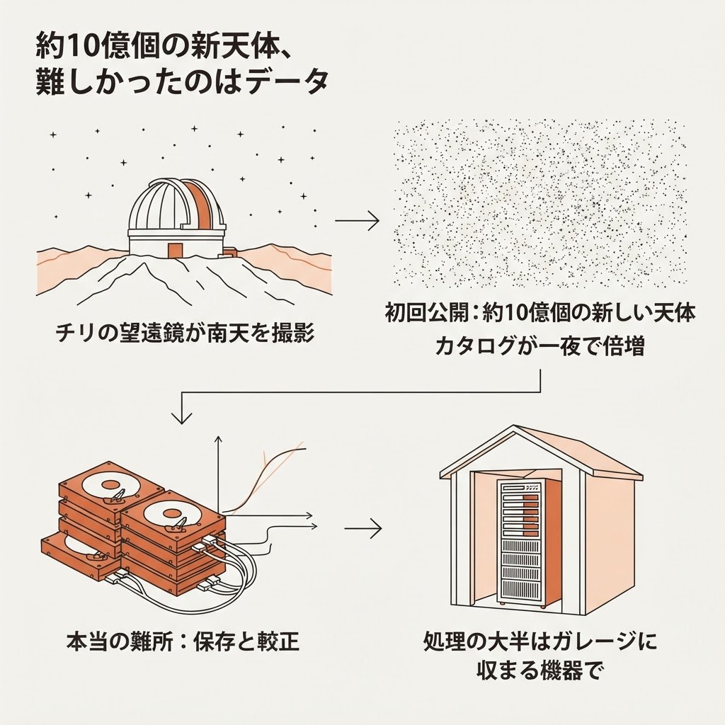 視覚サマリー：チリの望遠鏡の記事の図解